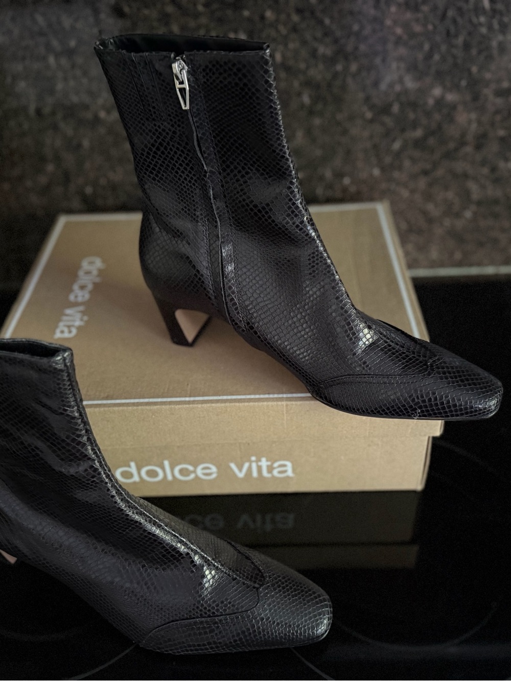 Dolce Vita Black Snake-Texture Mid Calf Boots with Side Zip